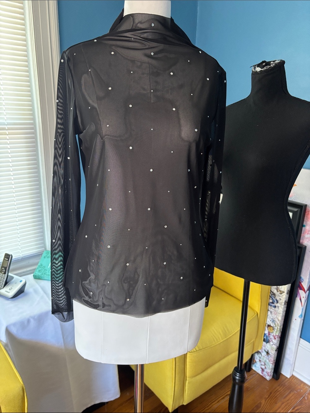 H&M Black Sheer Long-Sleeve Top with Rhinestone Dots size medium